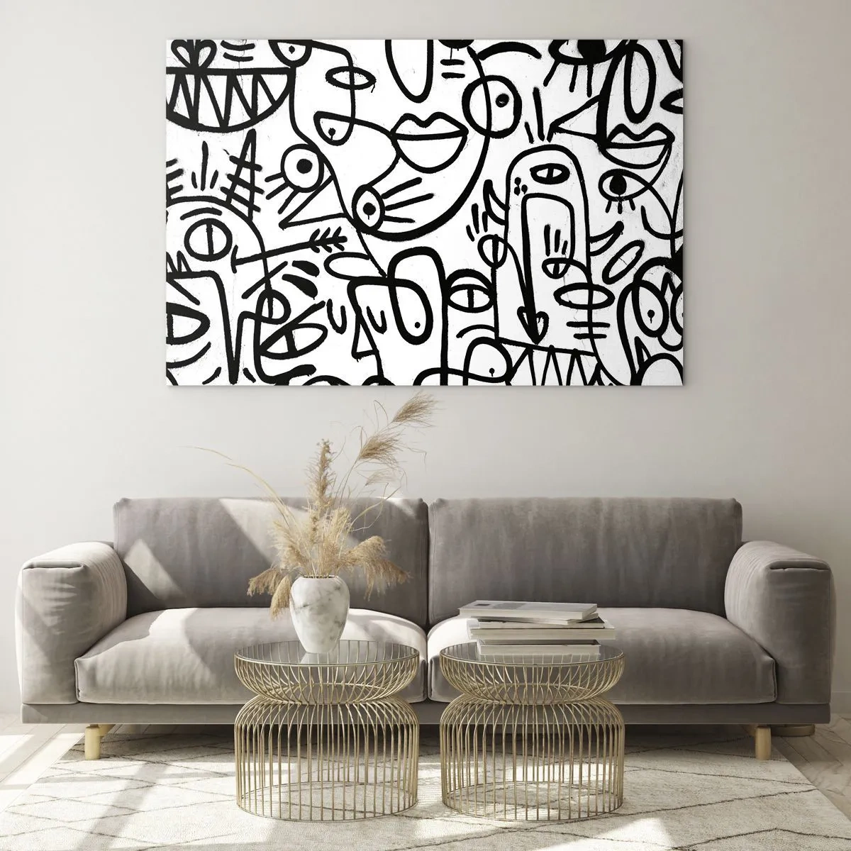 Cuadro sobre vidrio - Impresiones sobre Vidrio - Abstracción en blanco y negro con ojos, caras y líneas. - 70x50cm - Rostros y espejismos - Decoración de pared moderna para salón y dormitorio ARTTOR