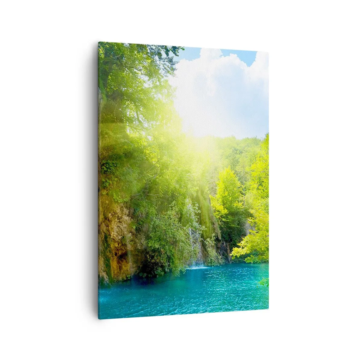 Cuadro sobre lienzo - Impresión de Imagen - Una cascada que desemboca en un lago turquesa rodeado de vegetación. - 70x100cm - Debe ser el Edén - Decoración de pared moderna para salón y dormitorio ARTTOR