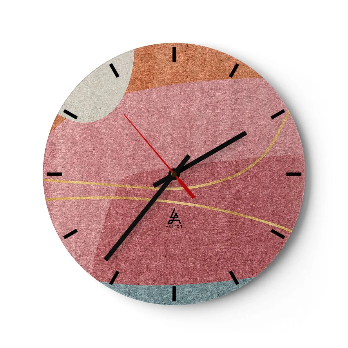 Reloj de pared - Reloj de vidrio - Formas pastel con líneas rosas y doradas en el fondo. - 30x30cm - Composición en pastel con hilos de oro - Decoración de pared moderna para salón, cocina y dormitorio ARTTOR