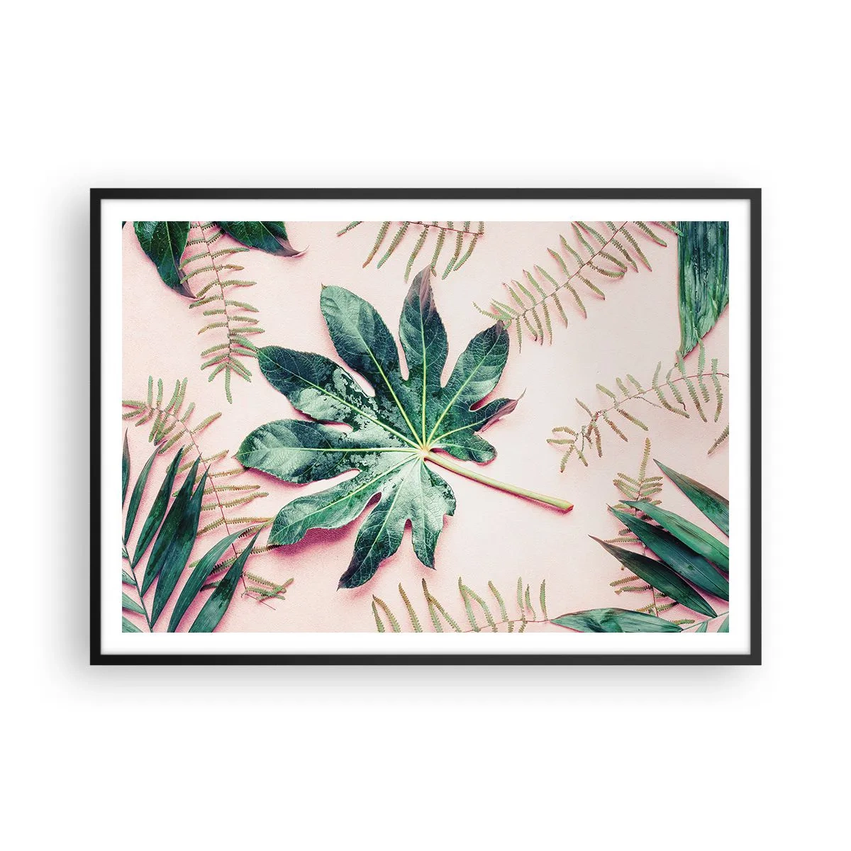 Póster en marco negro - Hojas tropicales sobre un fondo pastel claro. - 100x70cm - Estudio de vegetación sobre fondo rosa - Decoración de pared moderna para salón y dormitorio ARTTOR