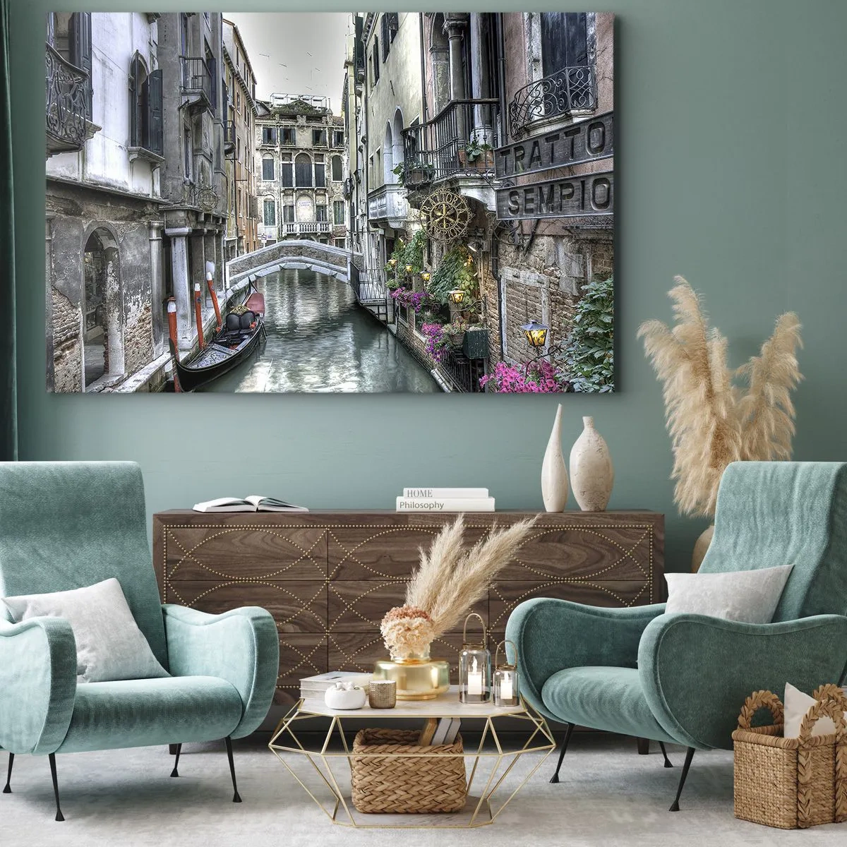 Cuadro sobre lienzo - Impresión de Imagen - Canal veneciano con góndola y puente de piedra - 70x50cm - Durante siglos, un sueño - Decoración de pared moderna para salón y dormitorio ARTTOR