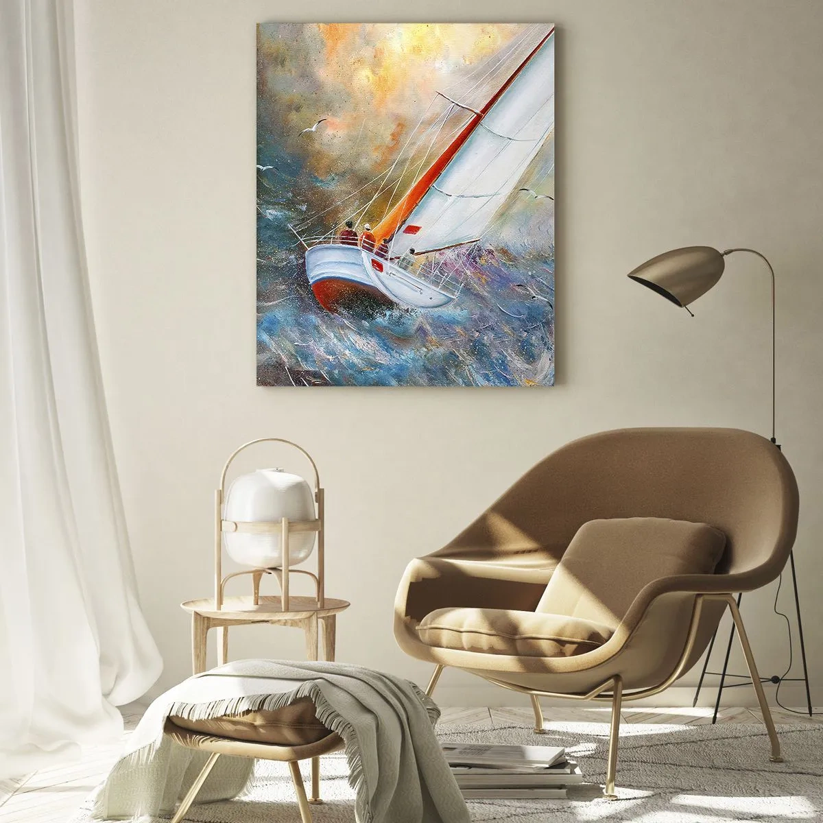 Cuadro sobre vidrio - Impresiones sobre Vidrio - Veleros sobre olas agitadas en una composición dinámica - 80x120cm - Surcando las olas - Decoración de pared moderna para salón y dormitorio ARTTOR