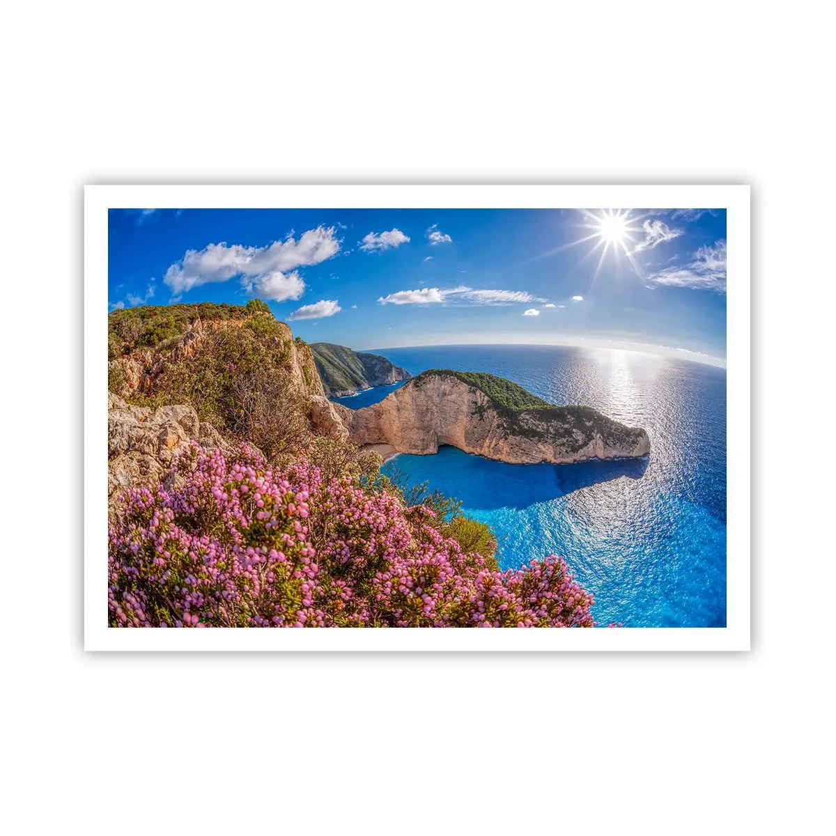 Póster - Un acantilado con flores, un mar turquesa y un soleado paisaje griego. - 100x70cm - Mis grandes vacaciones en Grecia - Decoración de pared moderna para salón y dormitorio ARTTOR
