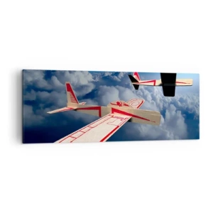 Cuadro sobre lienzo - Impresión de Imagen - Dos aviones de madera volando sobre las nubes contra un cielo azul. - 140x50cm - Más alto, más lejos - Decoración de pared moderna para salón y dormitorio ARTTOR