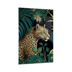 Cuadro sobre vidrio - Impresiones sobre Vidrio - Leopardo en hojas tropicales sobre un fondo negro - 70x100cm - El anfitrión en la jungla - Decoración de pared moderna para salón y dormitorio ARTTOR