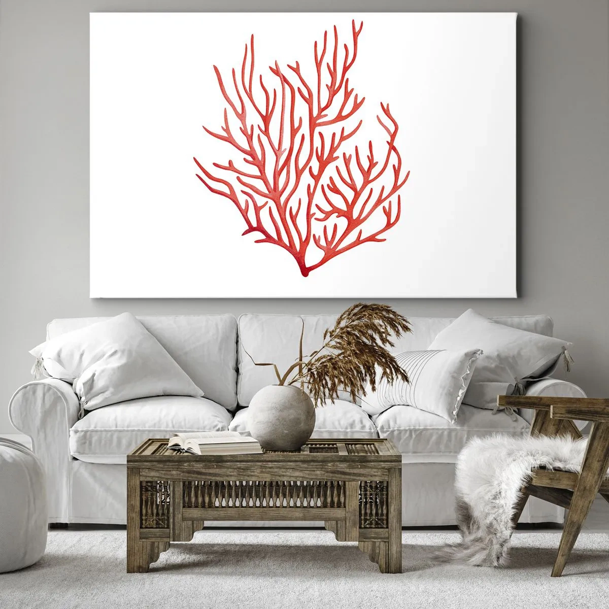 Cuadro sobre lienzo - Impresión de Imagen - Coral rojo sobre fondo blanco en estilo minimalista. - 100x70cm - Filigrana de coral - Decoración de pared moderna para salón y dormitorio ARTTOR