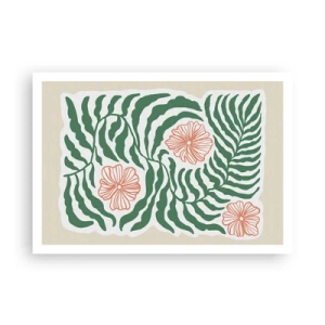 Póster - Un motivo minimalista de hojas verdes con flores en tonos naranjas. - 100x70cm - Florecido en verde - Decoración de pared moderna para salón y dormitorio ARTTOR