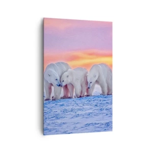 Cuadro sobre lienzo - Impresión de Imagen - Tres osos polares con el telón de fondo de una puesta de sol ártica. - 80x120cm - Todo lo que necesitas es el calor de la familia - Decoración de pared moderna para salón y dormitorio ARTTOR