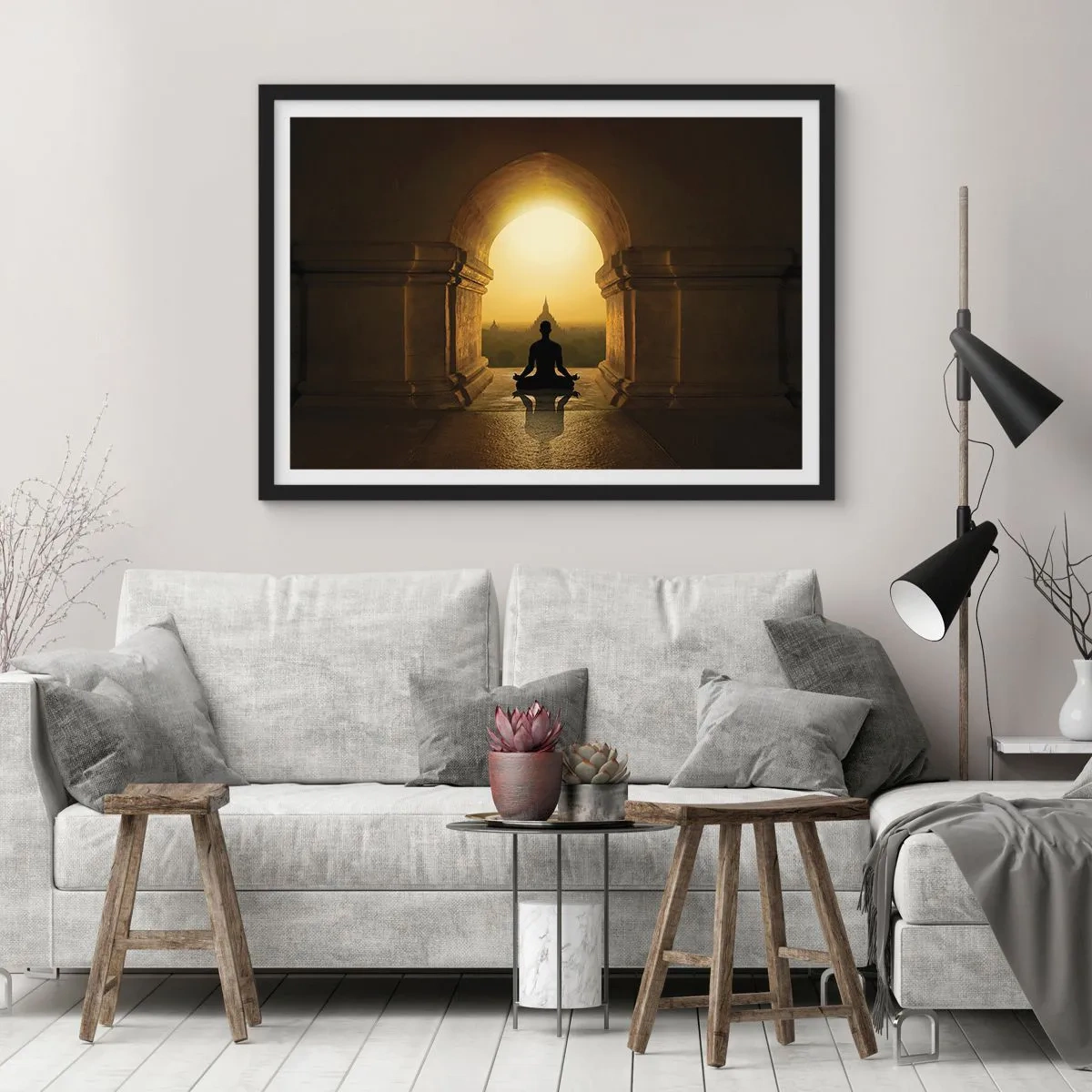 Póster en marco negro - Silueta de una persona meditando a la luz del sol poniente. - 70x50cm - Armonía total - Decoración de pared moderna para salón y dormitorio ARTTOR