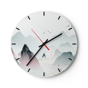 Reloj de pared - Reloj de vidrio - Un paisaje de montaña minimalista en tonos pastel con pájaros volando. - 30x30cm - Sobre las cimas - Decoración de pared moderna para salón, cocina y dormitorio ARTTOR