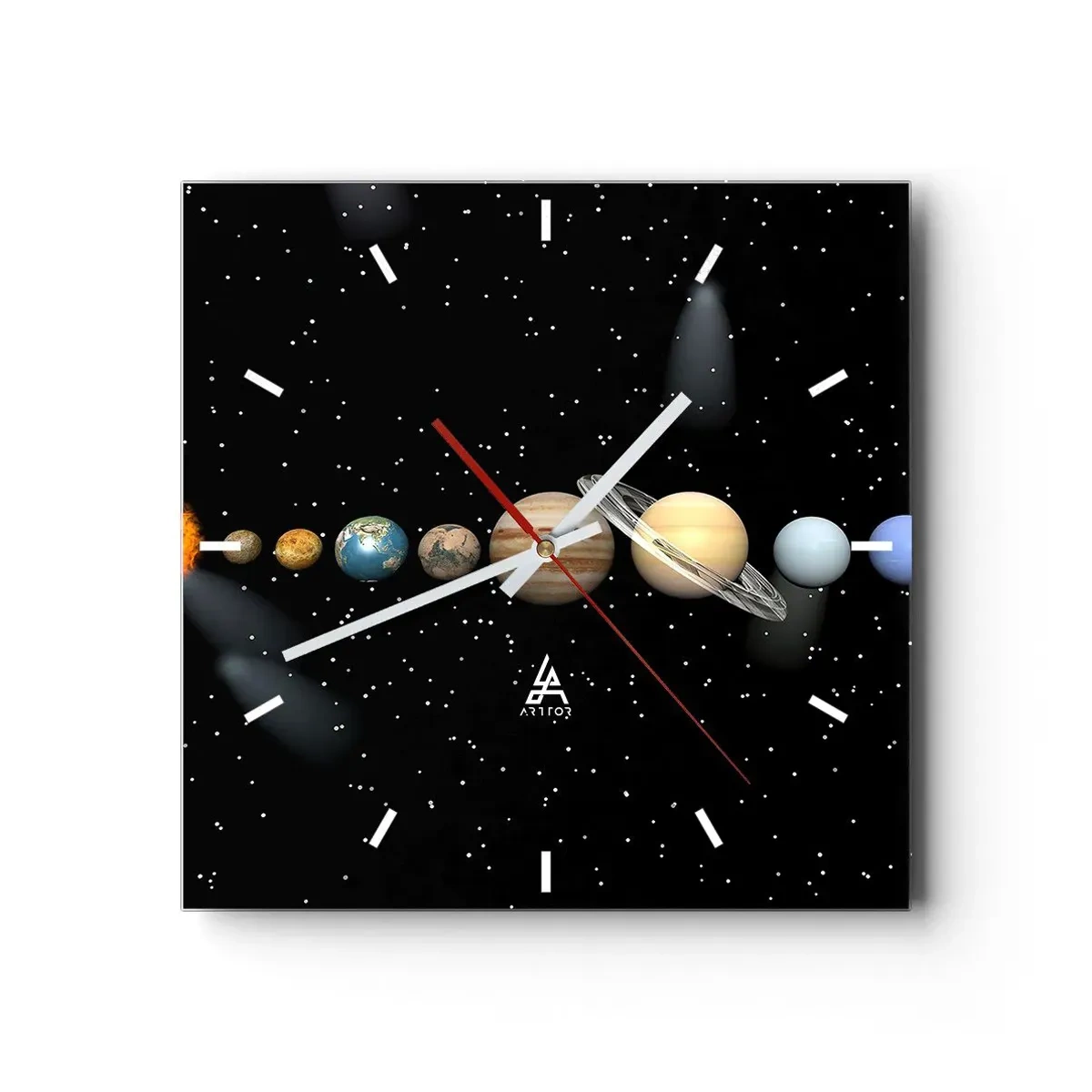 Reloj de pared - Reloj de vidrio - El sistema solar con planetas sobre un fondo de estrellas en el espacio. - 30x30cm - Los planetas en armonía - Decoración de pared moderna para salón y dormitorio ARTTOR