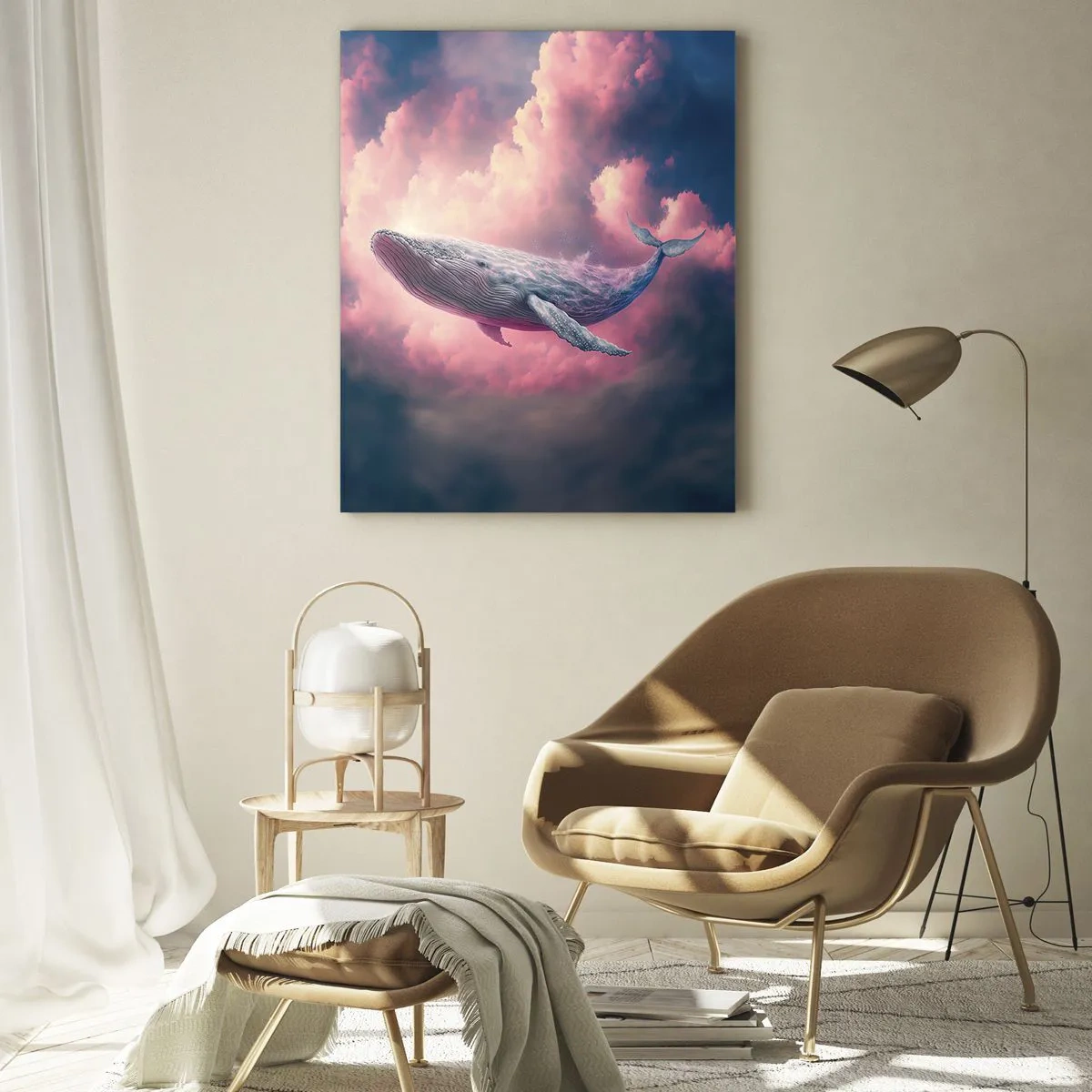 Cuadro sobre vidrio - Impresiones sobre Vidrio - Una ballena flotando en las nubes con un brillo rosado. - 50x70cm - La reina de los mares asciende - Decoración de pared moderna para salón y dormitorio ARTTOR