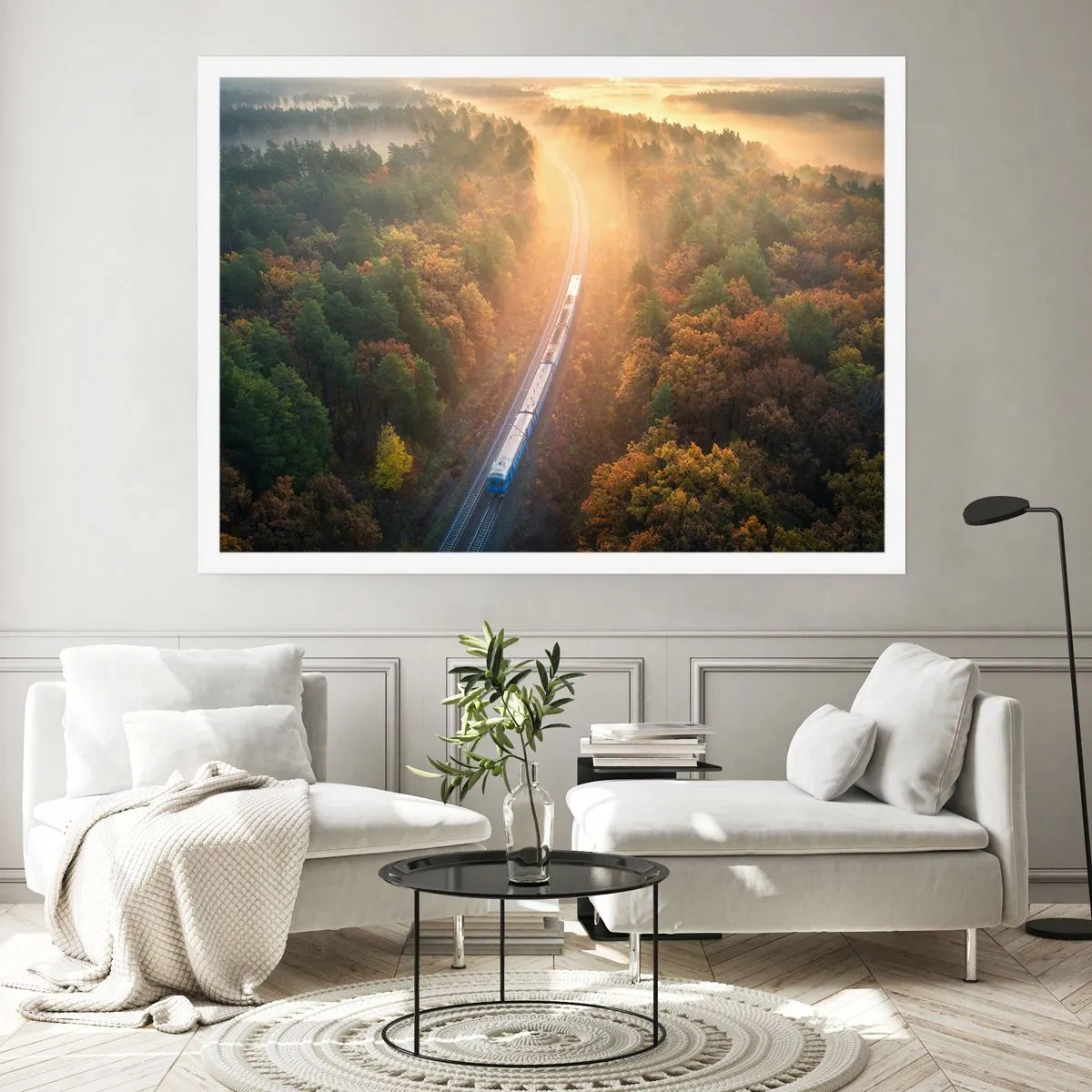 Póster - Un tren en un bosque otoñal al amanecer. - 100x70cm - Un viaje otoñal - Decoración de pared moderna para salón y dormitorio ARTTOR