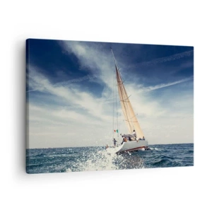 Cuadro sobre lienzo - Impresión de Imagen - Un velero en un mar tempestuoso bajo un cielo azul. - 70x50cm - ¡No nos alcanzarán! - Decoración de pared moderna para salón y dormitorio ARTTOR