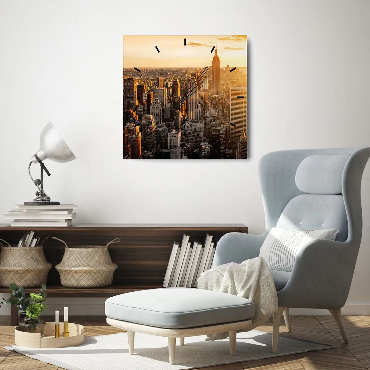 Reloj de pared - Reloj de vidrio - El horizonte de la ciudad de Nueva York al atardecer con vistas al Empire State Building - 30x30cm - Creciendo al sol - Decoración de pared moderna para salón y dormitorio ARTTOR