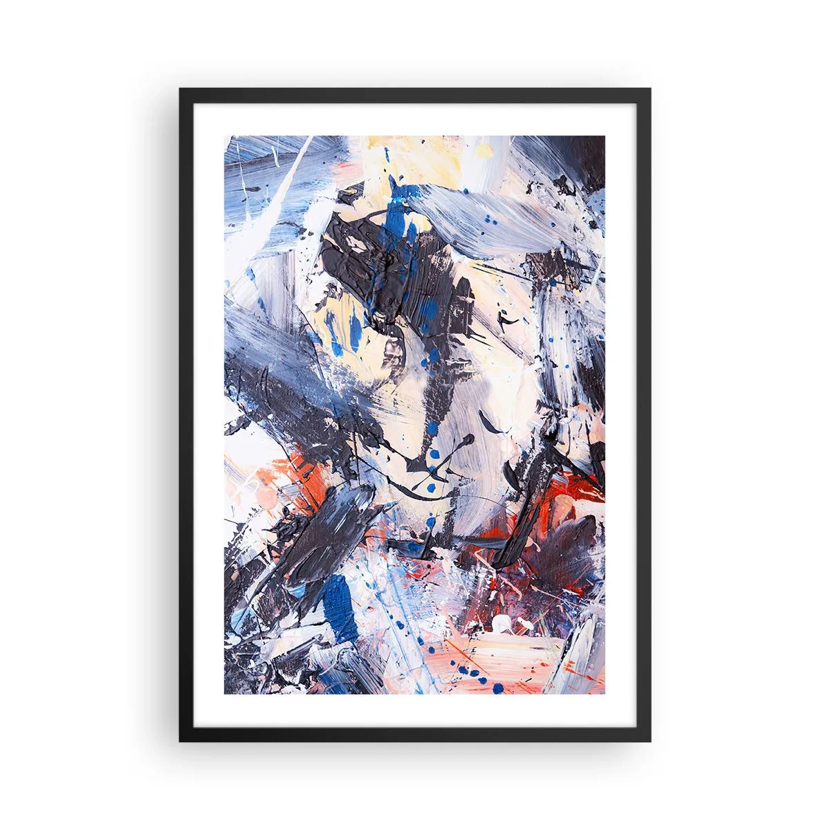 Póster en marco negro - Composición abstracta en tonos azules y naranjas. - 50x70cm - Danza loca de la abstracción - Decoración de pared moderna para salón y dormitorio ARTTOR