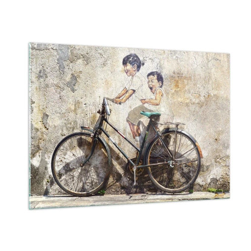 Cuadro sobre vidrio - Impresiones sobre Vidrio - Un mural con una bicicleta y figuras de niños sobre un fondo de pared. - 100x70cm - ¿Verdadero o falso? - Decoración de pared moderna para salón y dormitorio ARTTOR