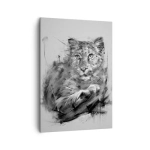 Cuadro sobre lienzo - Impresión de Imagen - Retrato en blanco y negro de un león en un estilo artístico con trazos dinámicos. - 50x70cm - Sí, estoy escuchando - Decoración de pared moderna para salón y dormitorio ARTTOR