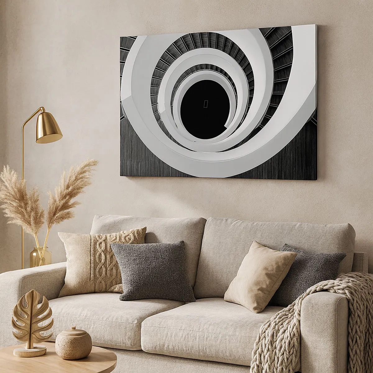Cuadro sobre lienzo - Impresión de Imagen - Escalera de caracol en blanco y negro de estilo moderno. - 70x50cm - Hacia el origen - Decoración de pared moderna para salón y dormitorio ARTTOR