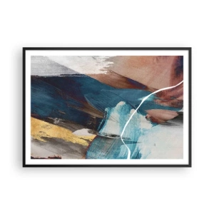 Póster en marco negro - Pinceladas abstractas en tonos azules y dorados. - 100x70cm - Con estilo y energía - Decoración de pared moderna para salón y dormitorio ARTTOR