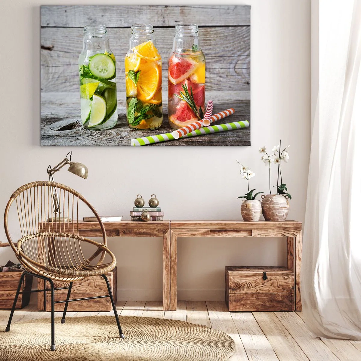 Cuadro sobre lienzo - Impresión de Imagen - Botellas de agua de frutas y hierbas sobre un fondo de madera. - 70x50cm - Saludable por naturaleza - Decoración de pared moderna para salón y dormitorio ARTTOR