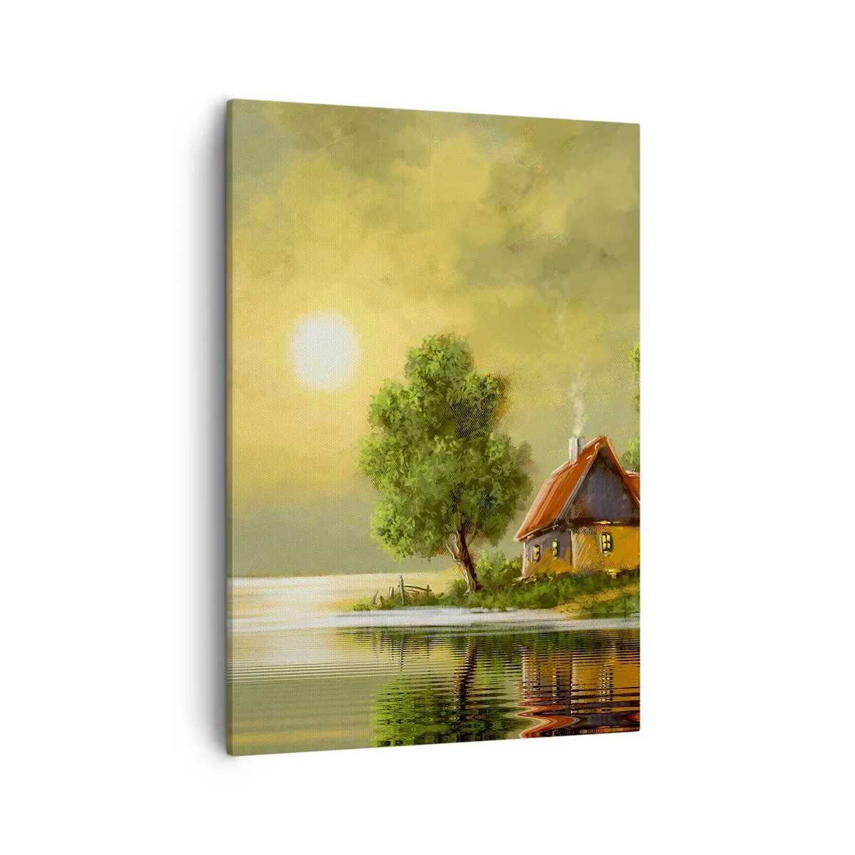 Cuadro sobre lienzo - Impresión de Imagen - Casa del lago a la luz del atardecer - 50x70cm - Es hermoso, como salido de un cuadro - Decoración de pared moderna para salón y dormitorio ARTTOR