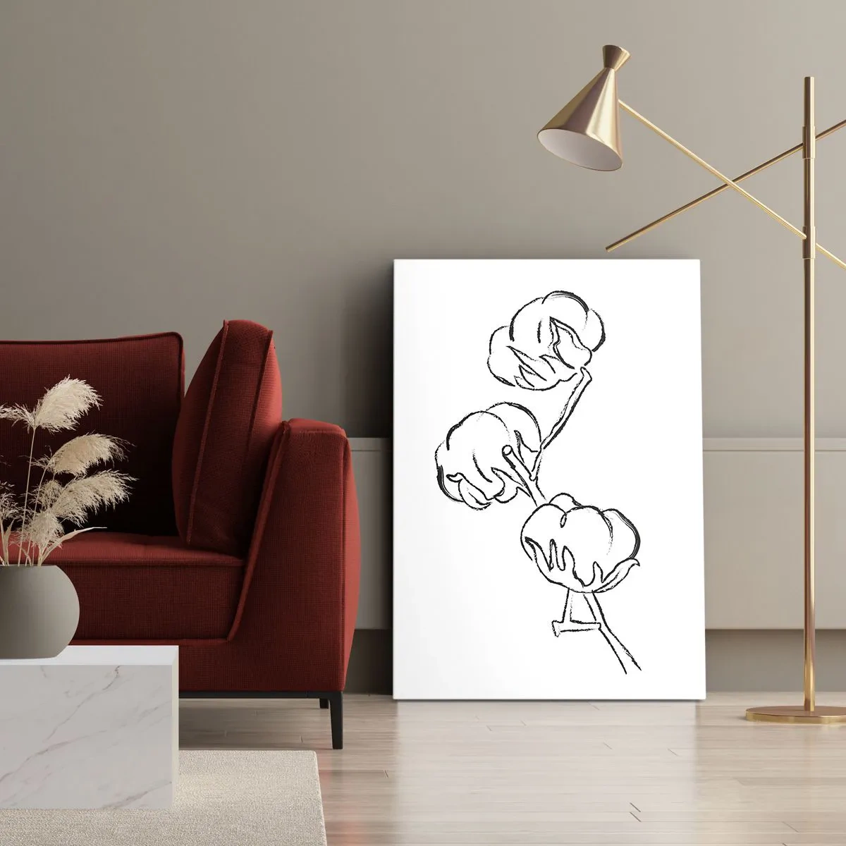 Cuadro sobre lienzo - Impresión de Imagen - Un delicado contorno de una rama de algodón sobre un fondo blanco. - 50x70cm - Plumón de algodón - Decoración de pared moderna para salón y dormitorio ARTTOR