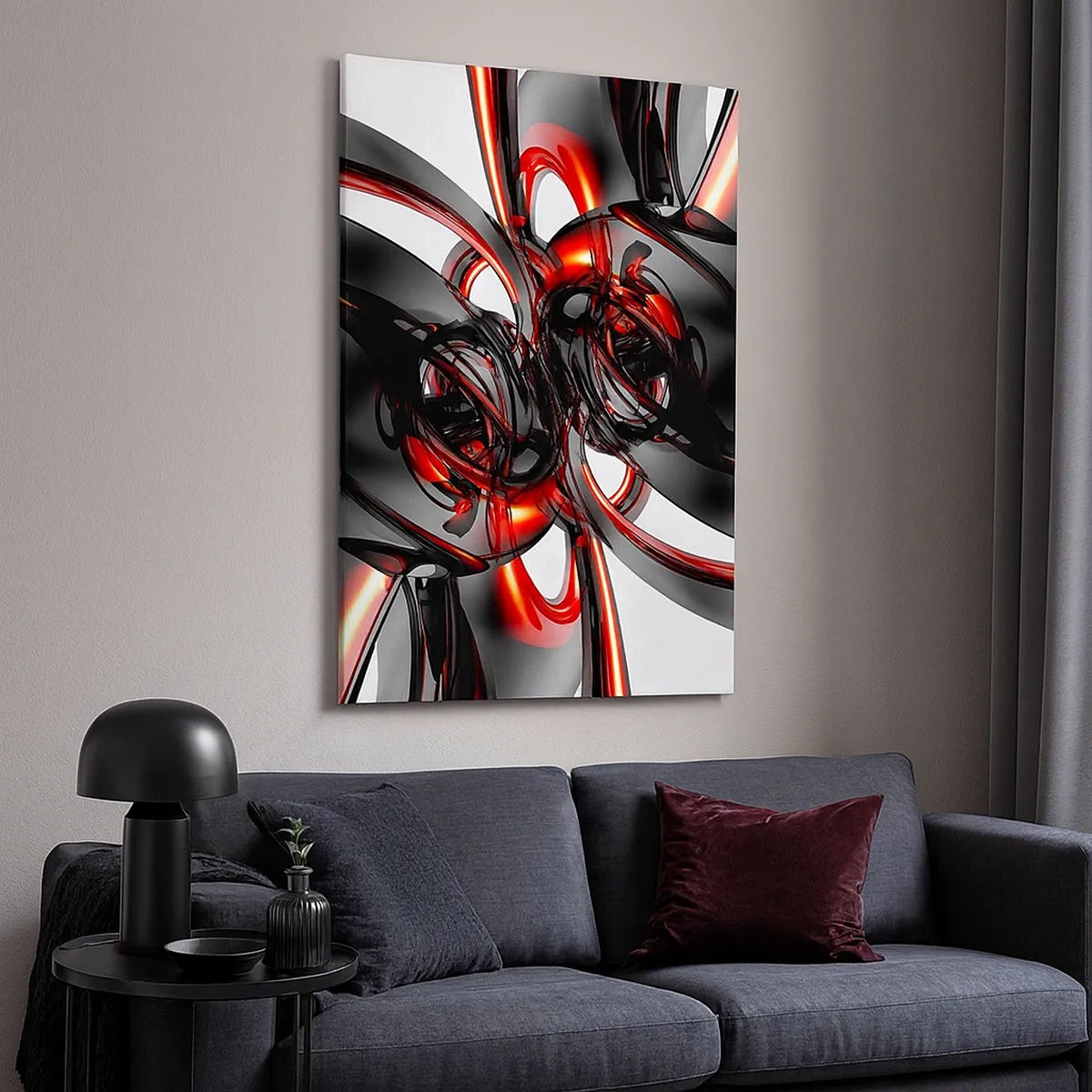 Cuadro sobre lienzo - Impresión de Imagen - Gráficos 3D abstractos con elementos negros y rojos - 50x70cm - Movimiento en grafito y rojo - Decoración de pared moderna para salón y dormitorio ARTTOR