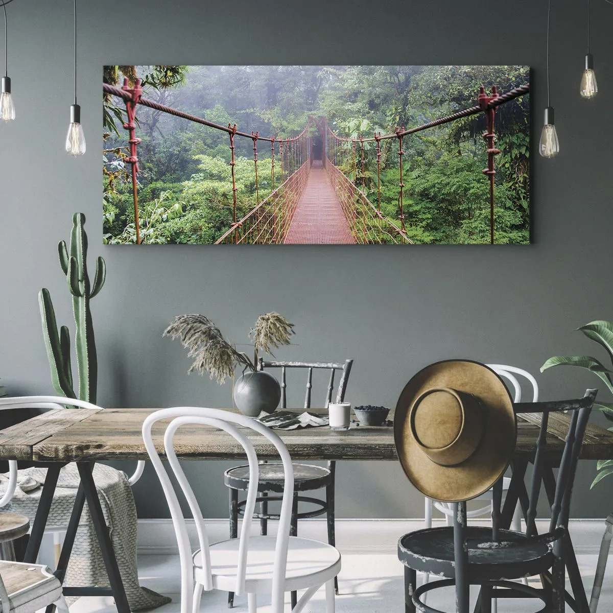 Cuadro sobre lienzo - Impresión de Imagen - Un puente colgante en una selva tropical rodeado de niebla. - 160x50cm - Suspendido sobre las copas - Decoración de pared moderna para salón y dormitorio ARTTOR