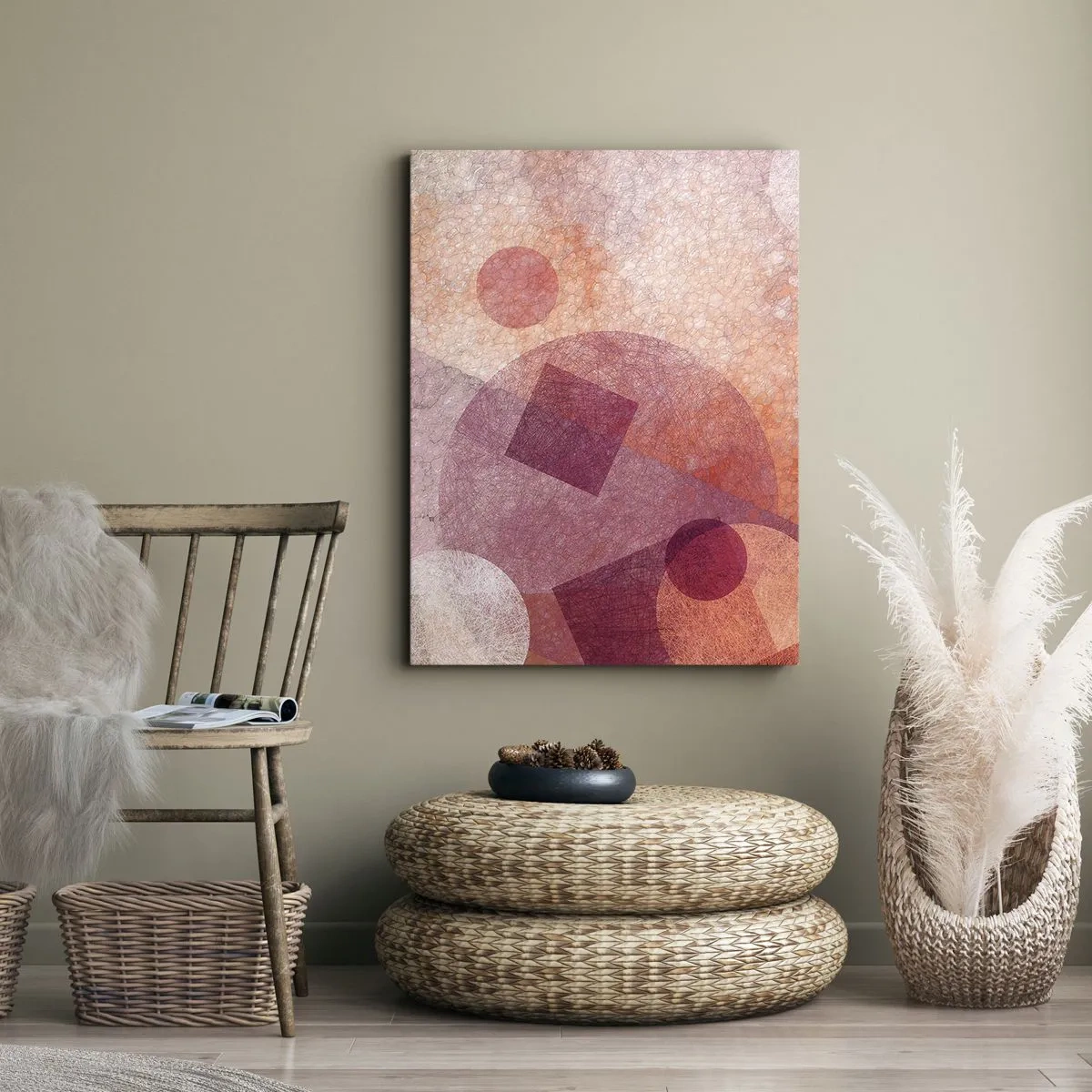 Cuadro sobre lienzo - Impresión de Imagen - Formas geométricas abstractas en tonos pastel de rosa. - 50x70cm - Transformaciones geométricas en rosa - Decoración de pared moderna para salón y dormitorio ARTTOR