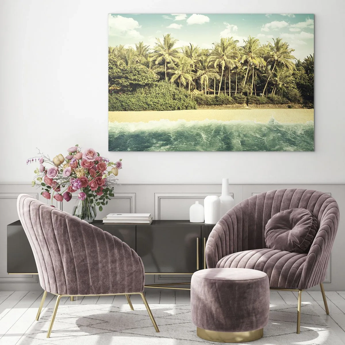 Cuadro sobre vidrio - Impresiones sobre Vidrio - Una playa exótica con palmeras y un mar turquesa en un día soleado. - 70x50cm - ¿Qué tal aquí? - Decoración de pared moderna para salón y dormitorio ARTTOR