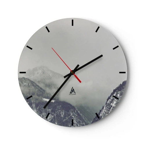 Reloj de pared - Reloj de vidrio - Un paisaje de montaña brumoso en tonos grises. - 30x30cm - Valle de la niebla - Decoración de pared moderna para salón, cocina y dormitorio ARTTOR