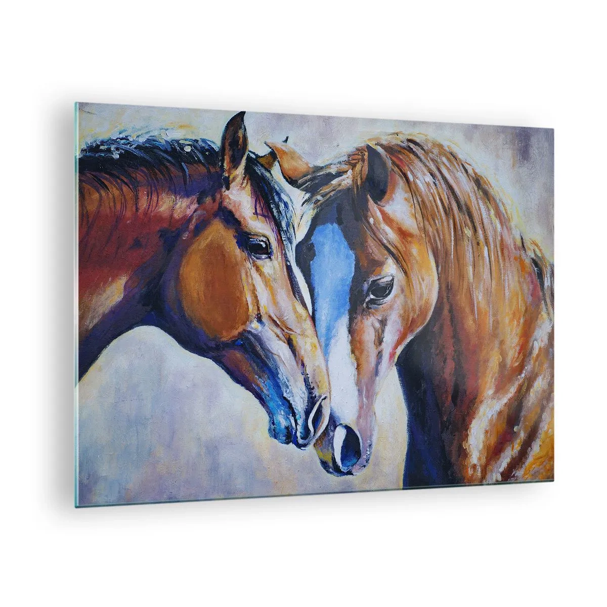 Cuadro sobre vidrio - Impresiones sobre Vidrio - Dos caballos en un tierno gesto de cercanía. - 70x50cm - ¿Esto es amistad? ¿Es amor? - Decoración de pared moderna para salón y dormitorio ARTTOR