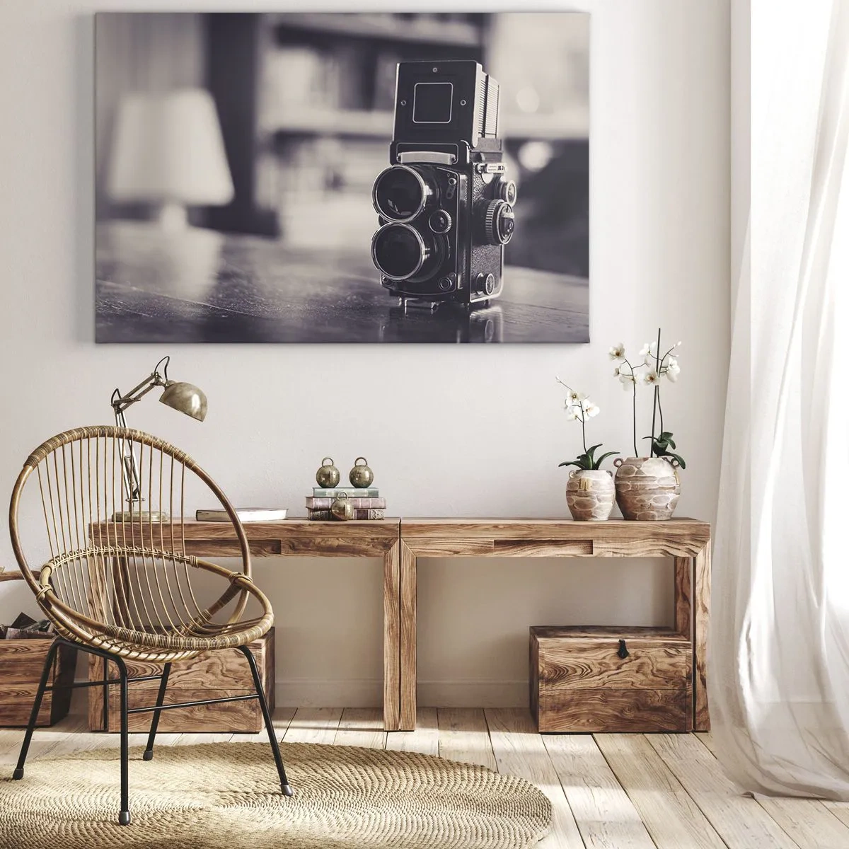 Cuadro sobre lienzo - Impresión de Imagen - Cámara antigua en blanco y negro - 70x50cm - La magia de la fotografía antigua - Decoración de pared moderna para salón y dormitorio ARTTOR