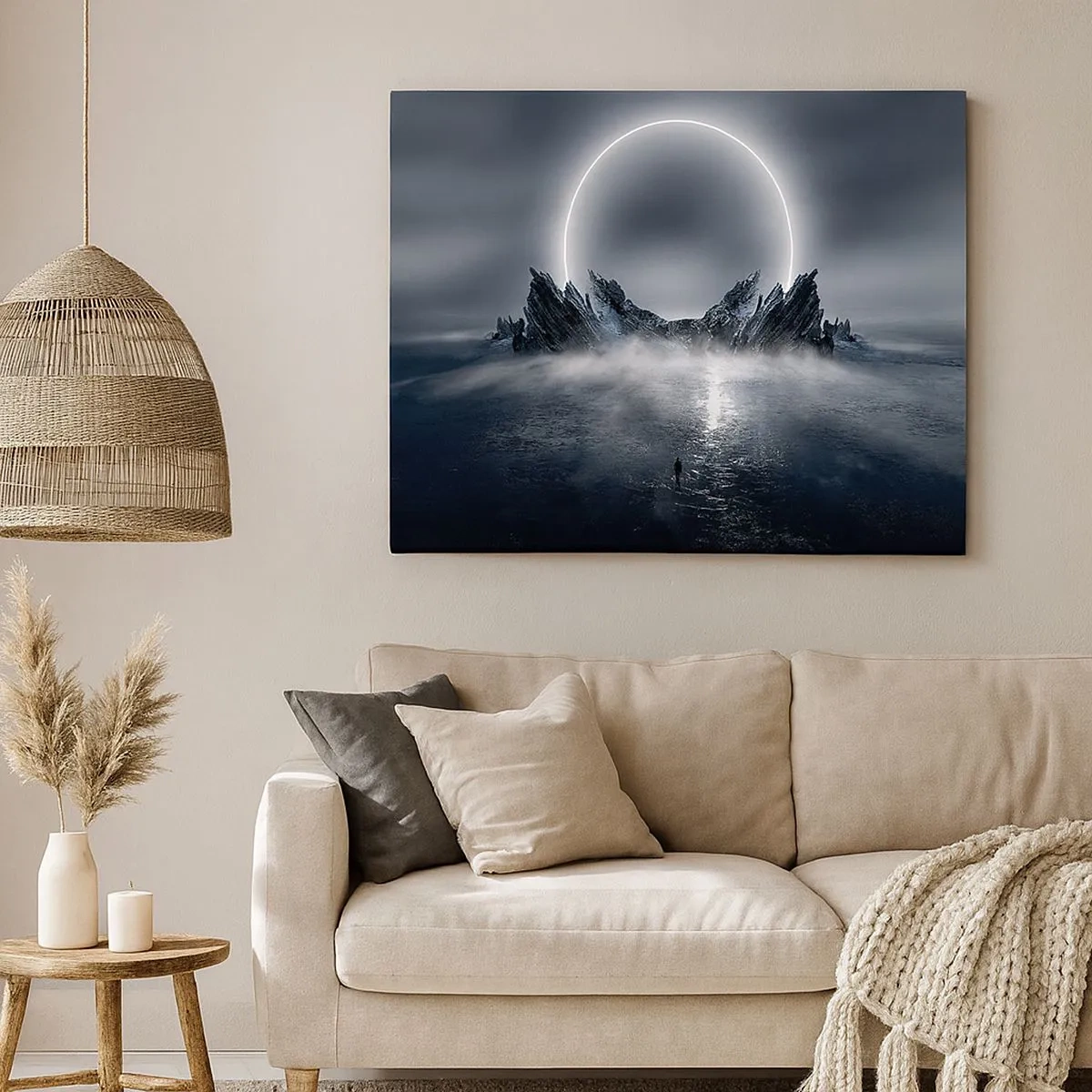 Cuadro sobre lienzo - Impresión de Imagen - Paisaje misterioso con un anillo de luz sobre las montañas. - 70x50cm - El final del cuento - Decoración de pared moderna para salón y dormitorio ARTTOR