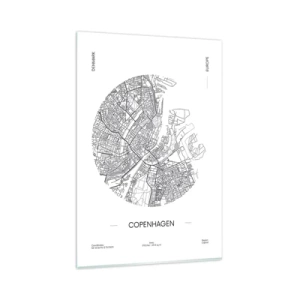 Cuadro sobre vidrio - Impresiones sobre Vidrio - Un mapa de Copenhague en un estilo minimalista en blanco y negro. - 80x120cm - Anatomía de Copenhague - Decoración de pared moderna para salón y dormitorio ARTTOR