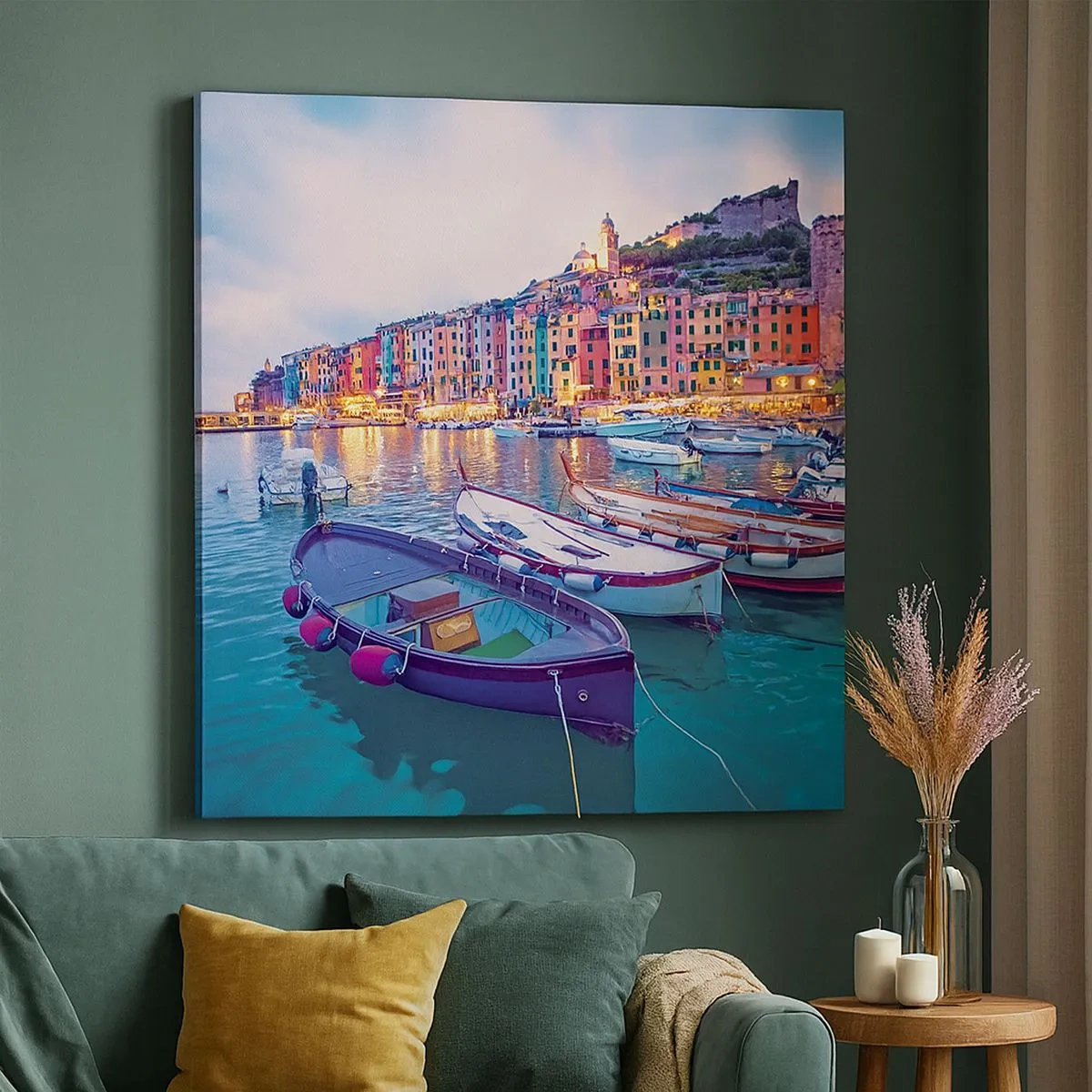 Cuadro sobre lienzo - Impresión de Imagen - Una noche colorida en el puerto - 30x30 cm