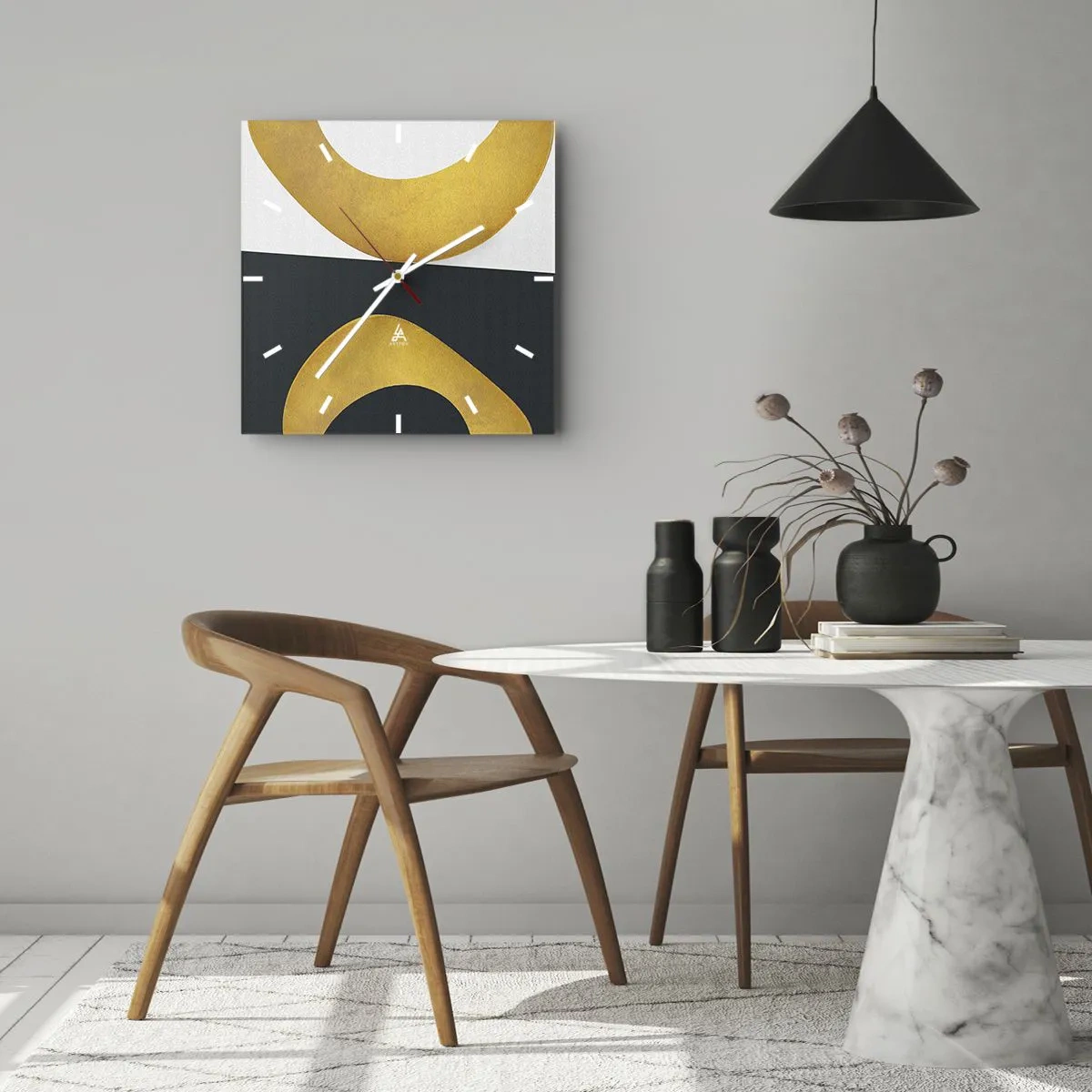 Reloj de pared - Reloj de vidrio - Blanco, negro, dorado - 40x40 cm