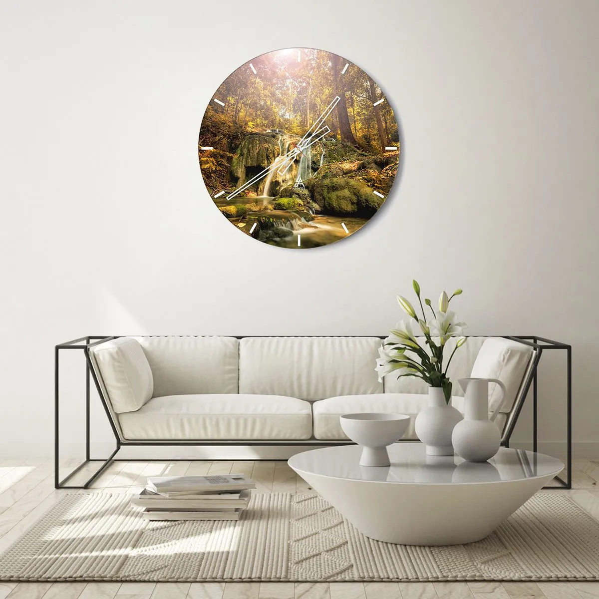 Reloj de pared - Reloj de vidrio - Cascada del bosque bajo el sol - 30x30cm - Cascada forestal en verde - Decoración de pared moderna para salón, cocina y dormitorio ARTTOR