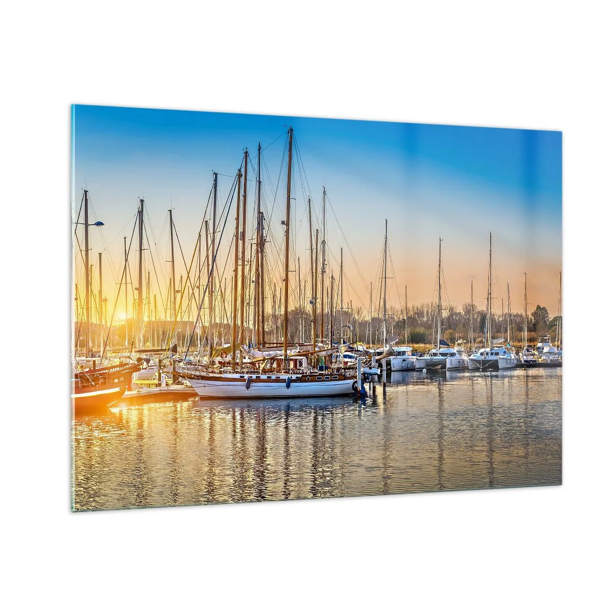 Cuadro sobre vidrio - Impresiones sobre Vidrio - Un puerto deportivo lleno de veleros a la luz del sol poniente - 100x70cm - El viento debe dormir también - Decoración de pared moderna para salón y dormitorio ARTTOR