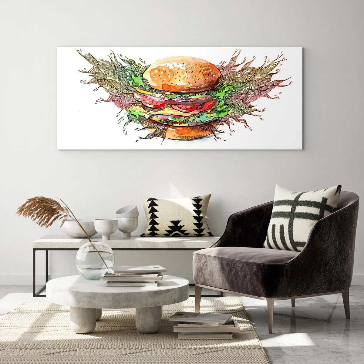Cuadro sobre vidrio - Impresiones sobre Vidrio - Ilustración artística de una hamburguesa con elementos dinámicos. - 120x50cm - Tentación irresistible - Decoración de pared moderna para salón y dormitorio ARTTOR
