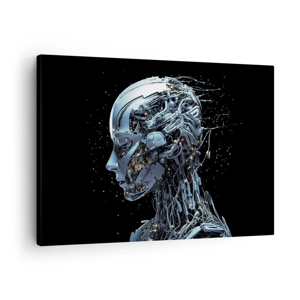 Cuadro sobre lienzo - Impresión de Imagen - Retrato futurista de un cyborg en estilo industrial sobre fondo negro. - 70x50cm - La tecnología es una mujer - Decoración de pared moderna para salón y dormitorio ARTTOR