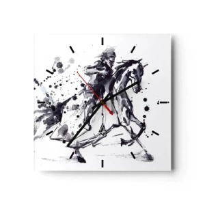 Reloj de pared - Reloj de vidrio - Acuarela en blanco y negro de un jinete sobre un caballo al galope. - 30x30cm - Caballero negro - Decoración de pared moderna para salón y dormitorio ARTTOR