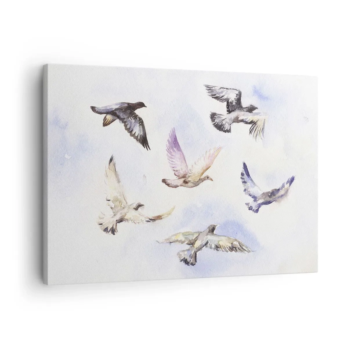 Cuadro sobre lienzo - Impresión de Imagen - Pájaros de acuarela en vuelo contra un cielo delicado. - 70x50cm - Libertad en gris y azul - Decoración de pared moderna para salón y dormitorio ARTTOR