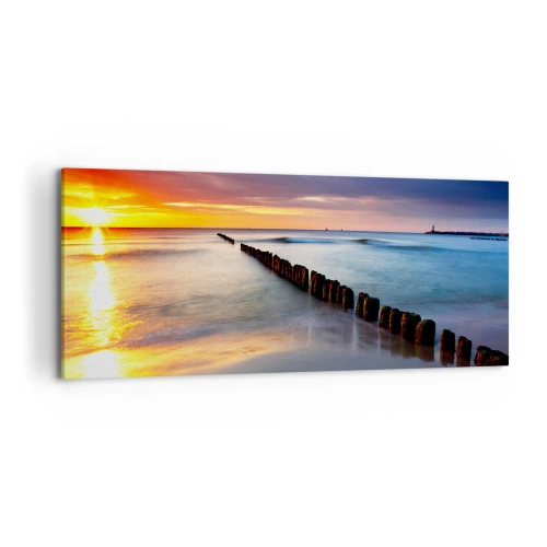 Cuadro sobre lienzo - Impresión de Imagen - Puesta de sol sobre el mar con un rompeolas en primer plano - 120x50cm - Escuchar el silencio - Decoración de pared moderna para salón y dormitorio ARTTOR