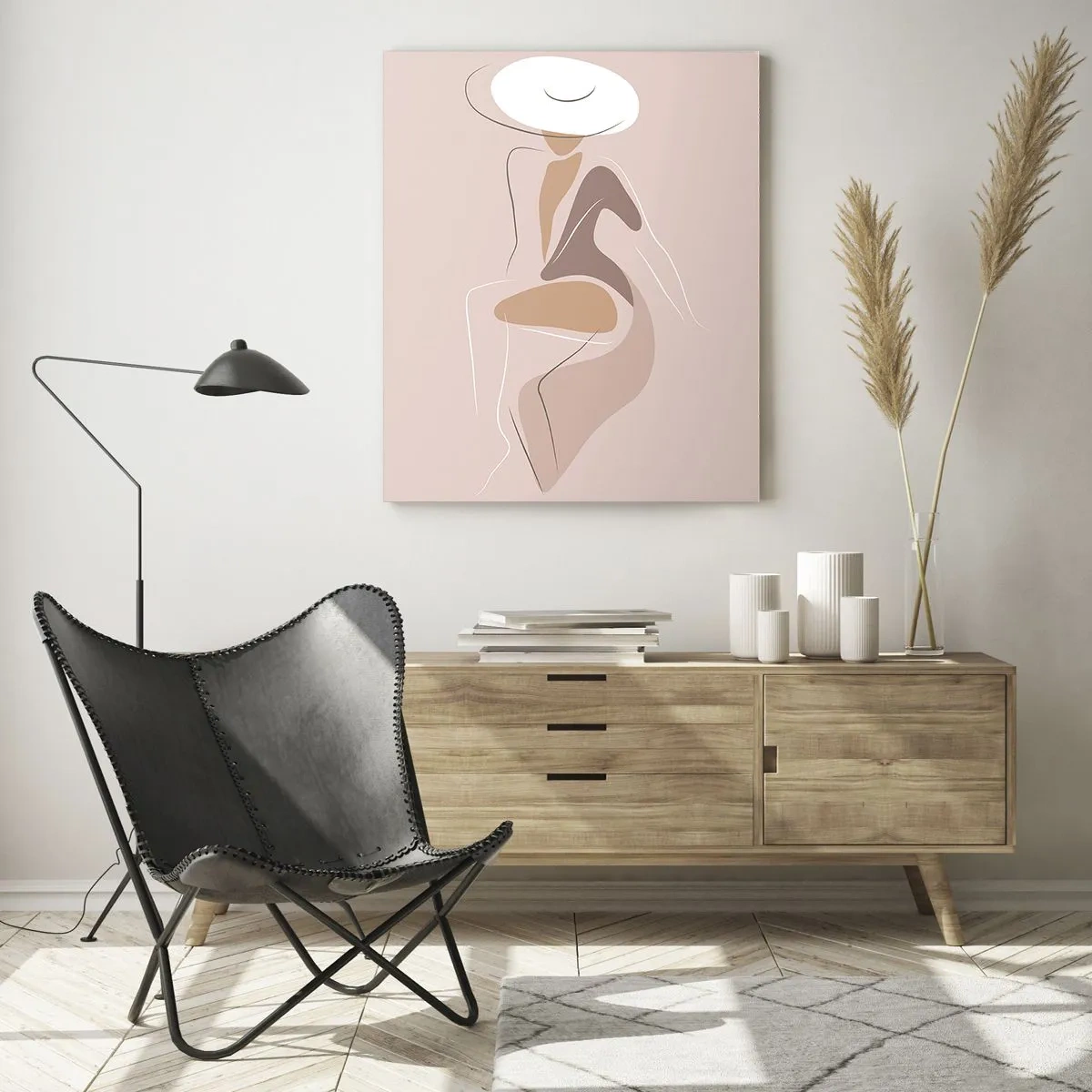 Cuadro sobre vidrio - Impresiones sobre Vidrio - Silueta de una mujer con sombrero sobre un fondo beige - 50x70cm - Una auténtica dama - Decoración de pared moderna para salón y dormitorio ARTTOR