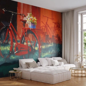 Fotomural Premium Sand - Una bicicleta roja con una cesta de flores contra una pared de ladrillos. - 100x70cm - Quiero ir en bicicleta - Decoración de pared moderna para salón y dormitorio ARTTOR