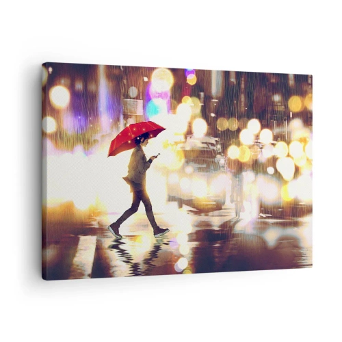 Cuadro sobre lienzo - Impresión de Imagen - Una figura con un paraguas rojo en la calle bajo la lluvia. - 70x50cm - Saldrá el sol - Decoración de pared moderna para salón y dormitorio ARTTOR