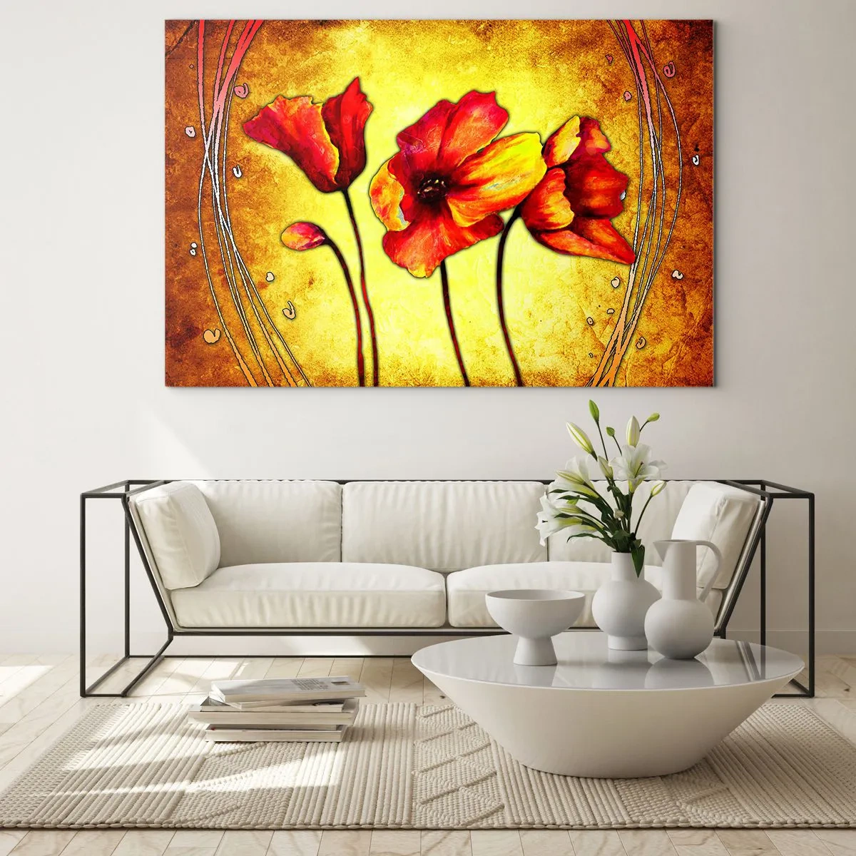 Cuadro sobre vidrio - Impresiones sobre Vidrio - Amapolas rojas sobre un fondo de tonos dorados con detalles artísticos. - 100x70cm - En decoración Art Nouveau - Decoración de pared moderna para salón y dormitorio ARTTOR