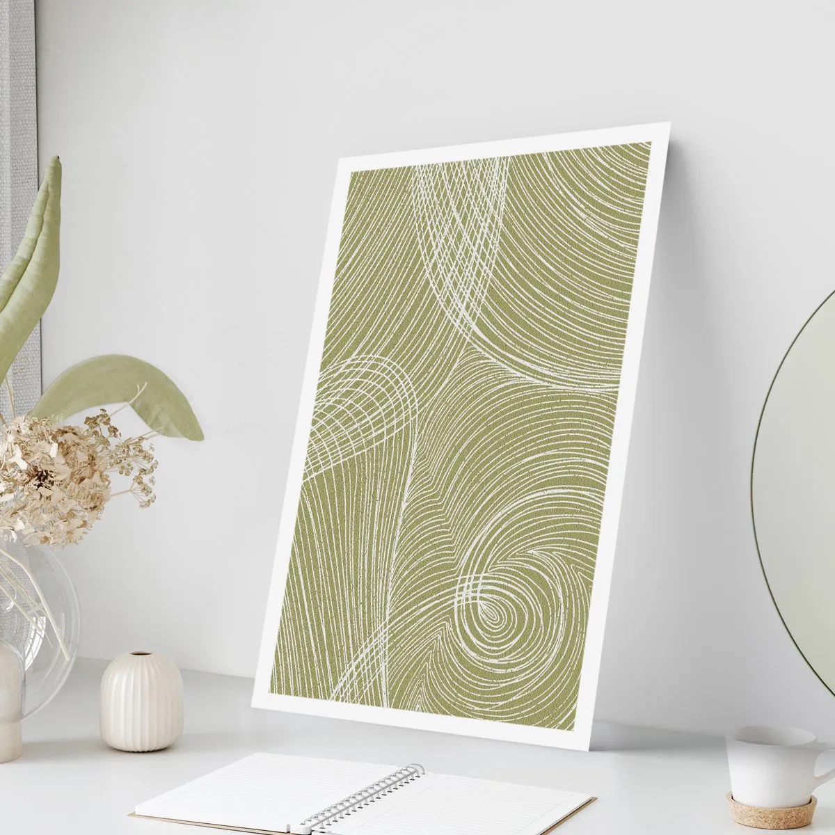 Póster - Una composición abstracta en tonos verdes con líneas dinámicas. - 50x70cm - Abstracción intrincada en blanco - Decoración de pared moderna para salón y dormitorio ARTTOR